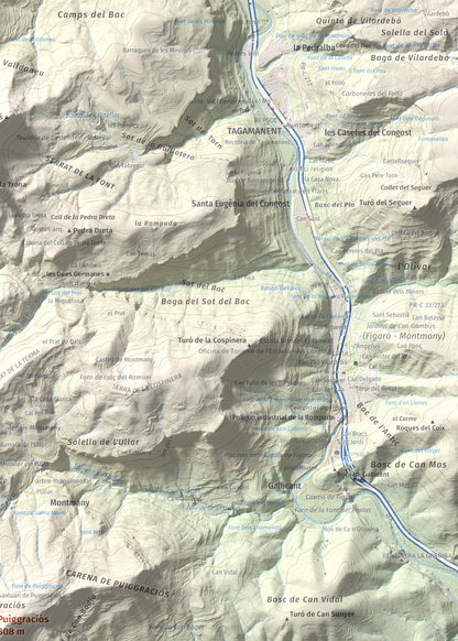 Mapa de relieve de Puiggraciós, 808 m, Vallès Oriental, lámina 100 Cims de Trobart. Detalle de la zona superior derecha. 50 × 70 cm.