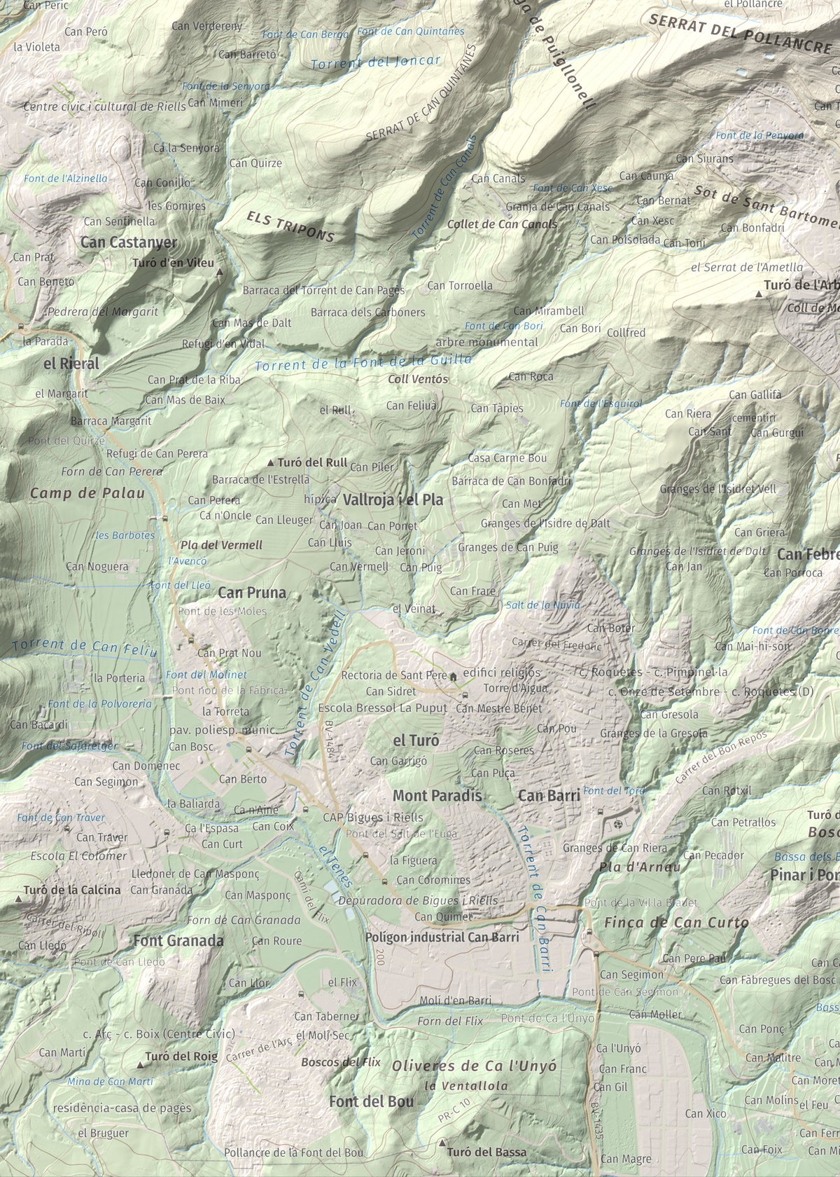 Mapa de relieve de Puiggraciós, 808 m, Vallès Oriental, lámina 100 Cims de Trobart. Detalle de la zona inferior izquierda. 50 × 70 cm.