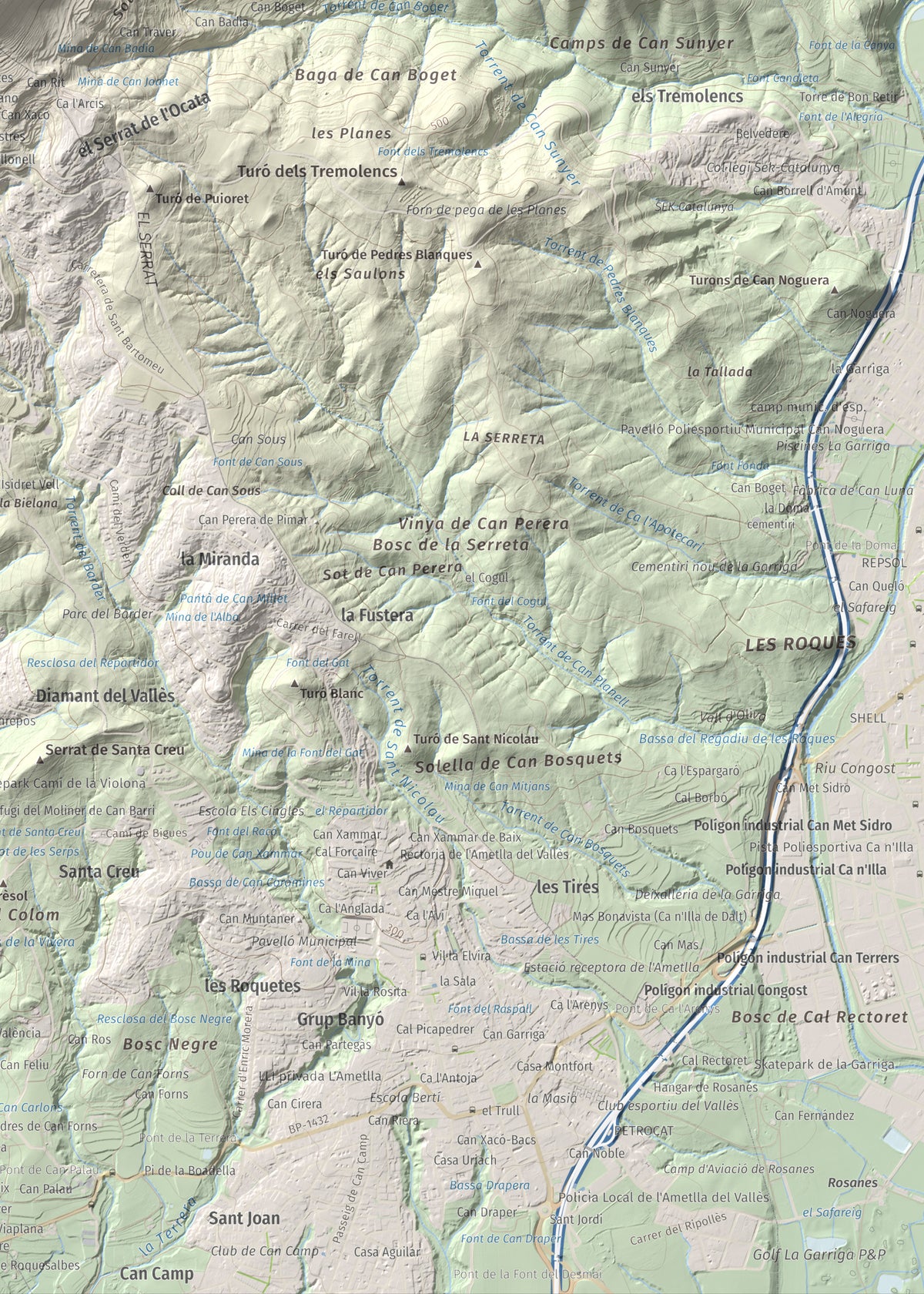 Mapa de relieve de Puiggraciós, 808 m, Vallès Oriental, lámina 100 Cims de Trobart. Detalle de la zona inferior derecha. 50 × 70 cm.