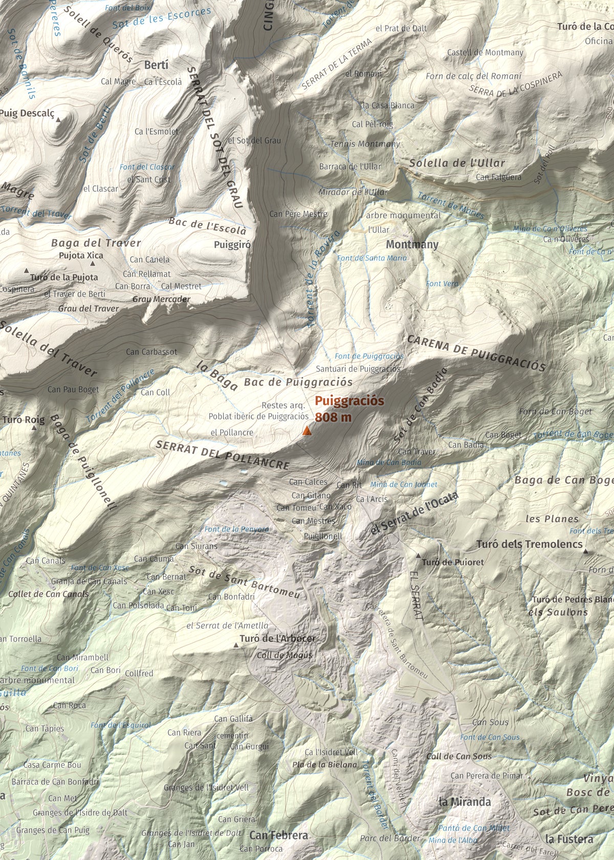 Mapa de relieve de Puiggraciós, 808 m, Vallès Oriental, lámina 100 Cims de Trobart. Detalle de la zona central. 50 × 70 cm.