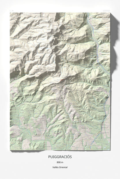 Mapa de relieve de Puiggraciós, 808 m, Vallès Oriental, lámina 100 Cims de Trobart 61 × 91 cm.