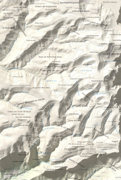 Mapa de relieve de Puiggraciós, 808 m, Vallès Oriental, lámina 100 Cims de Trobart. Detalle de la zona superior izquierda. 61 × 91 cm.
