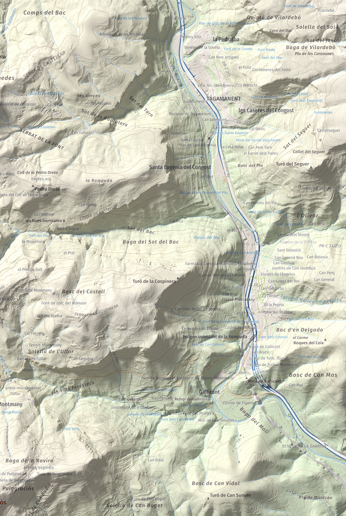 Mapa de relieve de Puiggraciós, 808 m, Vallès Oriental, lámina 100 Cims de Trobart. Detalle de la zona superior derecha. 61 × 91 cm.