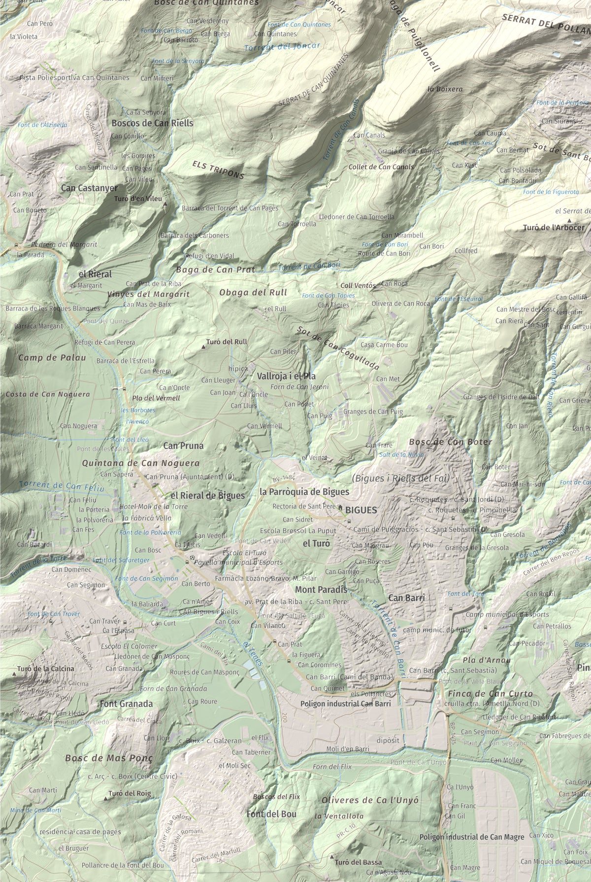 Mapa de relieve de Puiggraciós, 808 m, Vallès Oriental, lámina 100 Cims de Trobart. Detalle de la zona inferior izquierda. 61 × 91 cm.