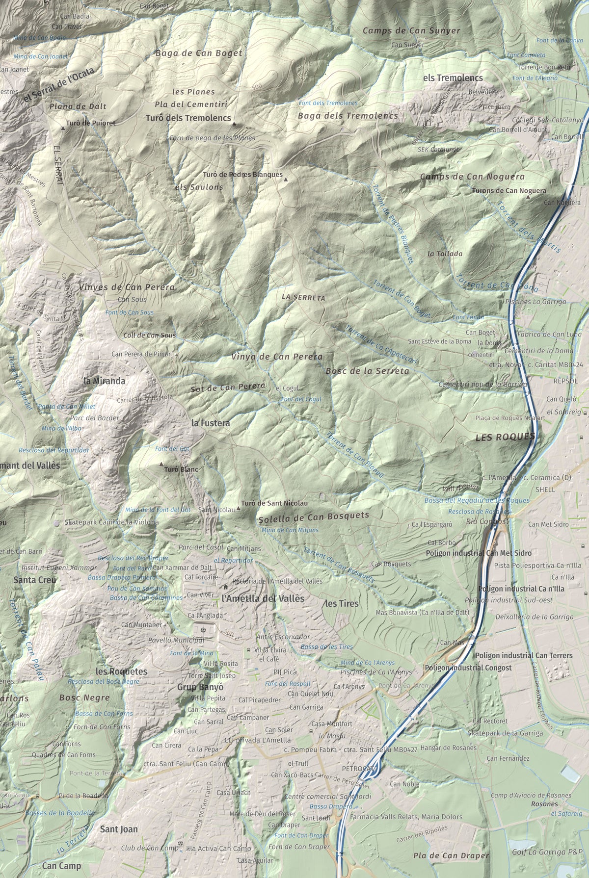 Mapa de relieve de Puiggraciós, 808 m, Vallès Oriental, lámina 100 Cims de Trobart. Detalle de la zona inferior derecha. 61 × 91 cm.