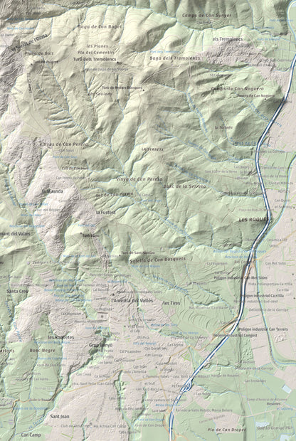 Mapa de relieve de Puiggraciós, 808 m, Vallès Oriental, lámina 100 Cims de Trobart. Detalle de la zona inferior derecha. 61 × 91 cm.