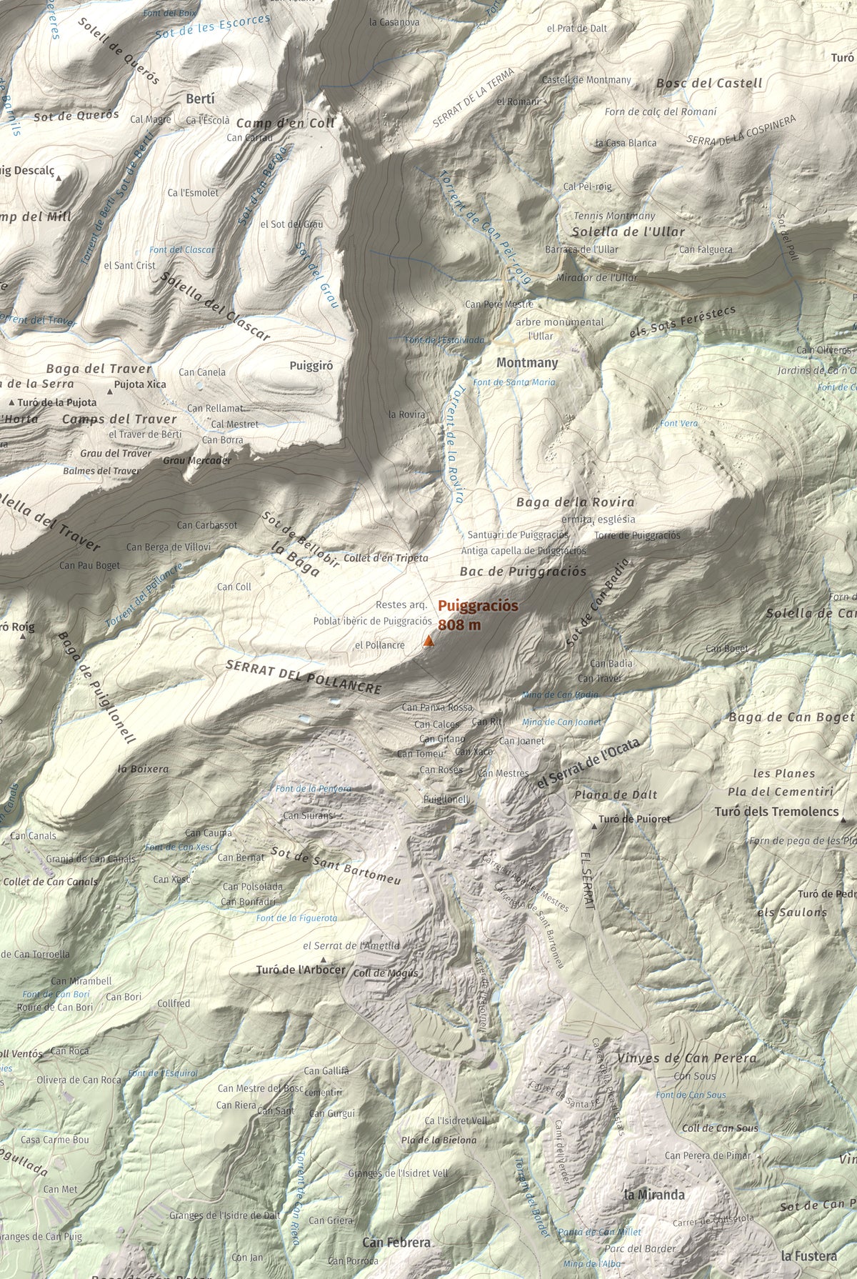 Mapa de relieve de Puiggraciós, 808 m, Vallès Oriental, lámina 100 Cims de Trobart. Detalle de la zona central. 61 × 91 cm.