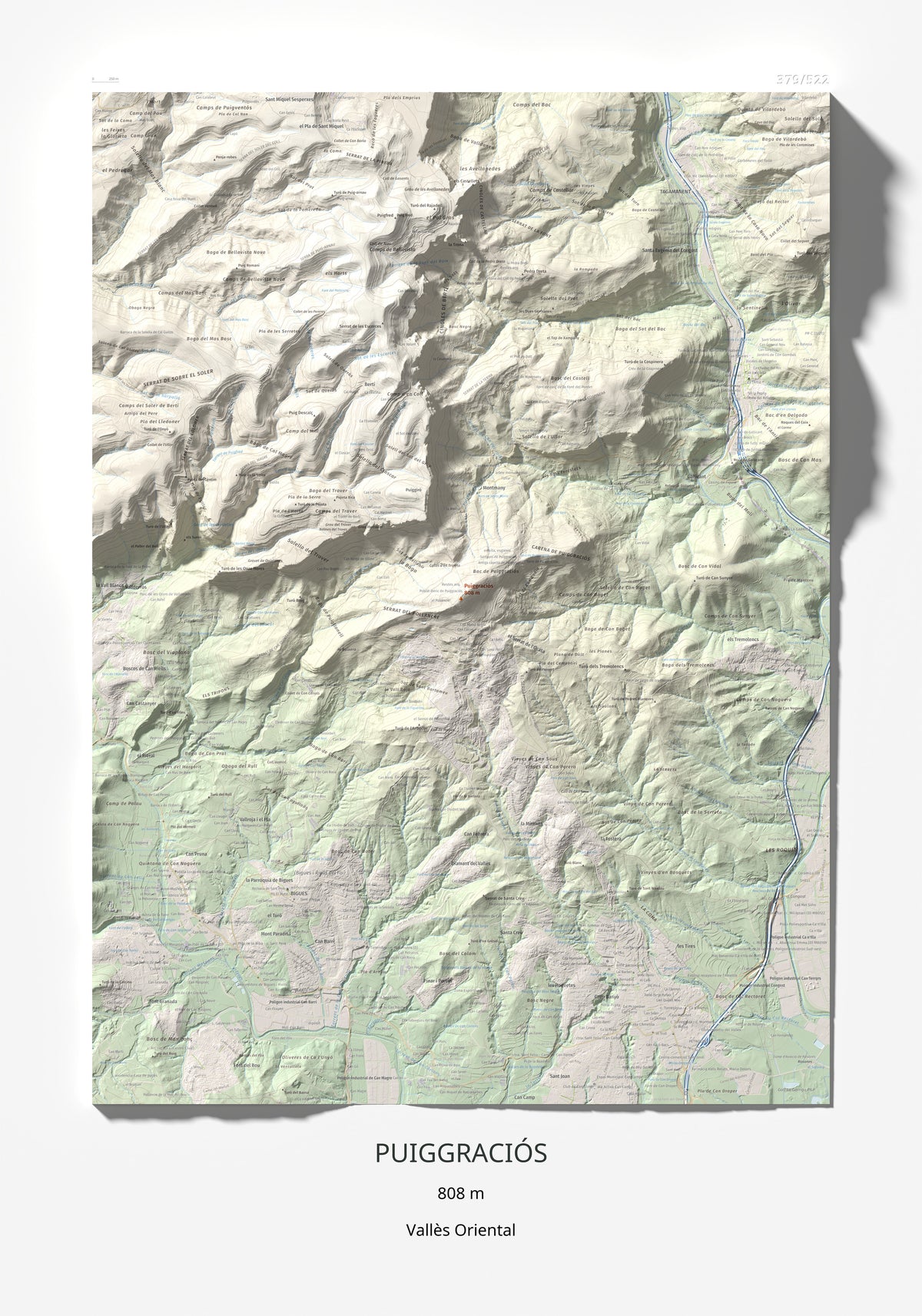 Mapa de relieve de Puiggraciós, 808 m, Vallès Oriental, lámina 100 Cims de Trobart 70 × 100 cm.