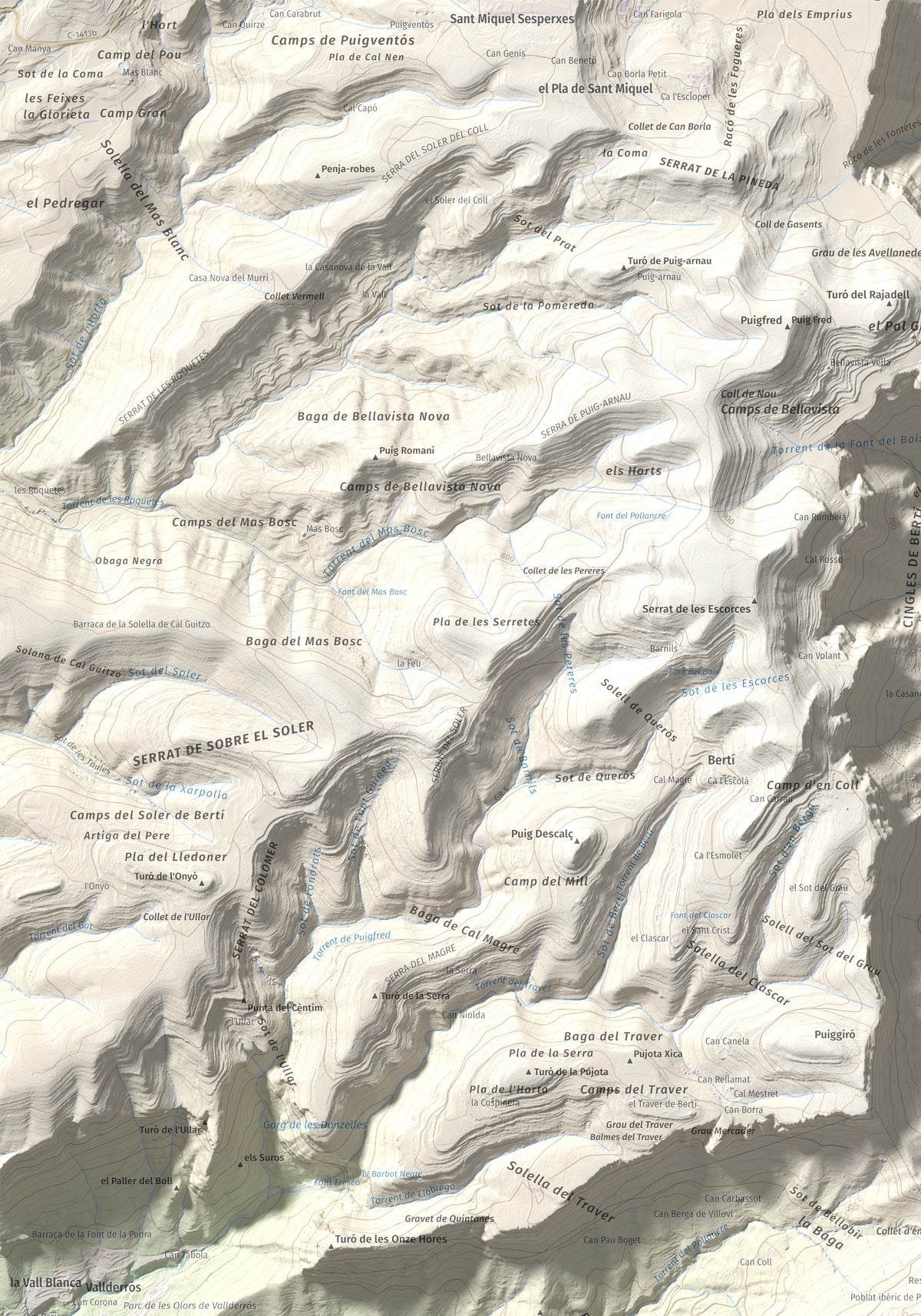 Mapa de relieve de Puiggraciós, 808 m, Vallès Oriental, lámina 100 Cims de Trobart. Detalle de la zona superior izquierda. 70 × 100 cm.