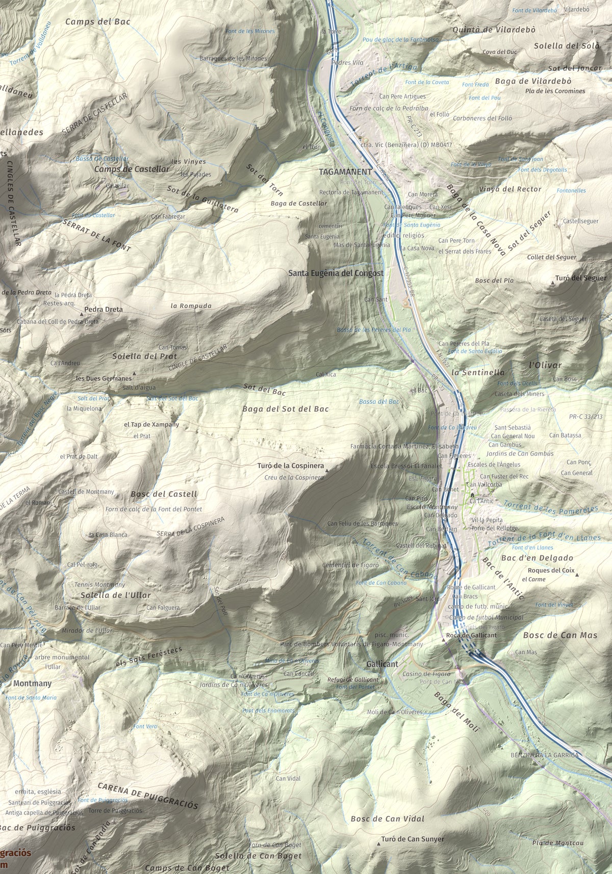 Mapa de relieve de Puiggraciós, 808 m, Vallès Oriental, lámina 100 Cims de Trobart. Detalle de la zona superior derecha. 70 × 100 cm.