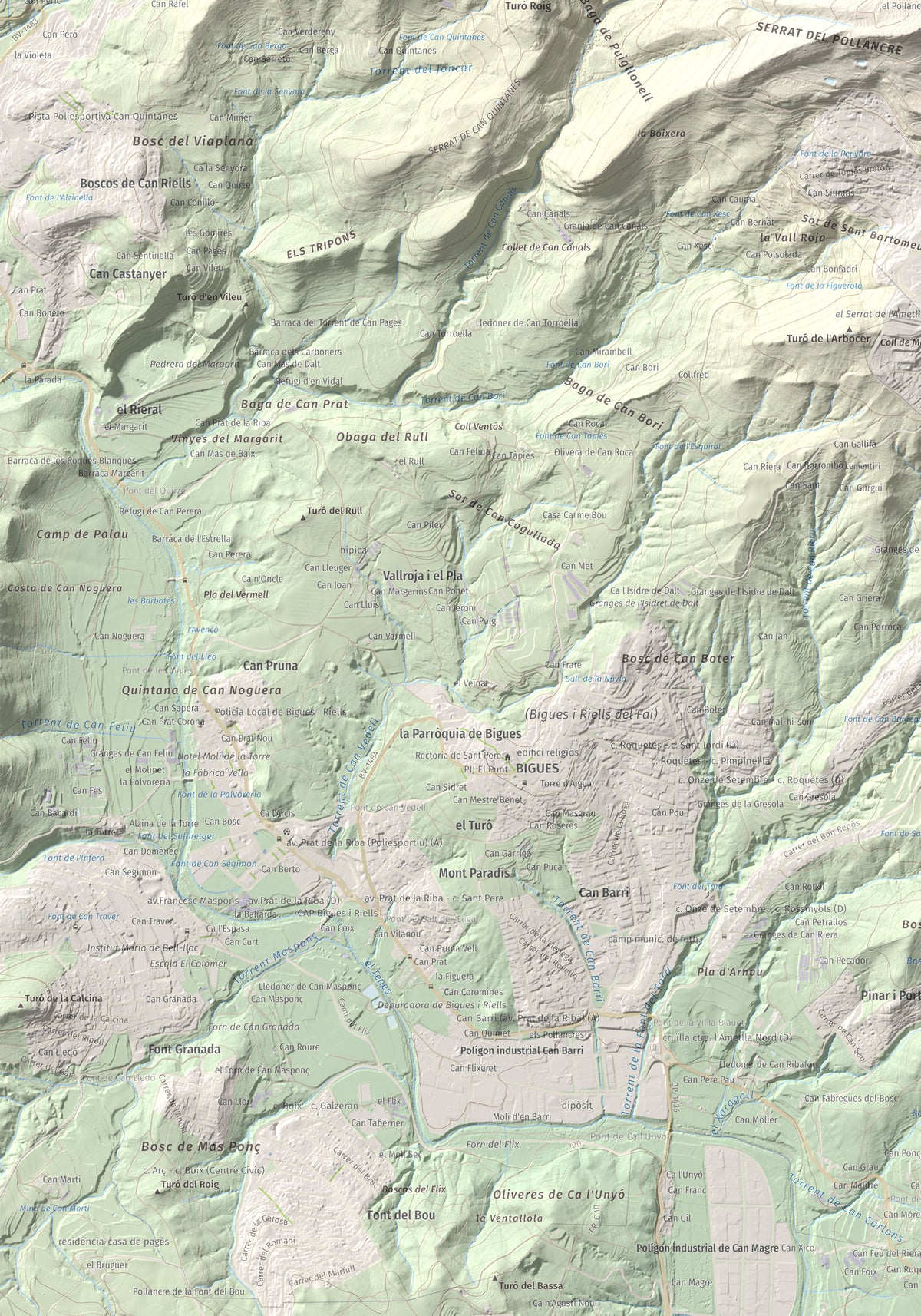 Mapa de relieve de Puiggraciós, 808 m, Vallès Oriental, lámina 100 Cims de Trobart. Detalle de la zona inferior izquierda. 70 × 100 cm.