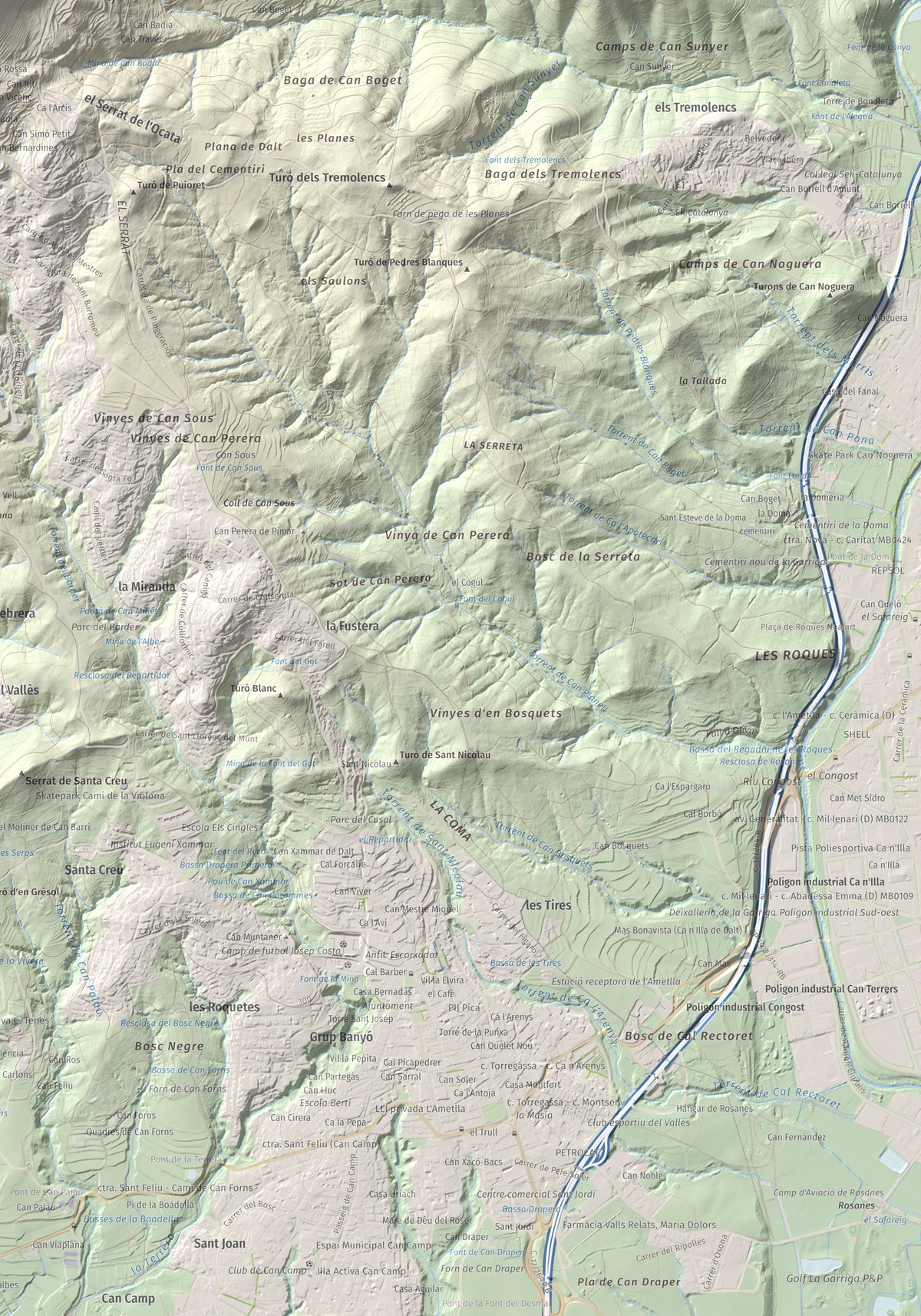 Mapa de relieve de Puiggraciós, 808 m, Vallès Oriental, lámina 100 Cims de Trobart. Detalle de la zona inferior derecha. 70 × 100 cm.