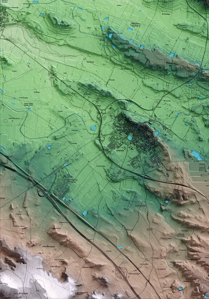 Mapa artístico del relieve de Puiggròs, a las Garrigues, con 15 km de entorno y base topográfica ICGC. Detalle de la zona inferior izquierda.