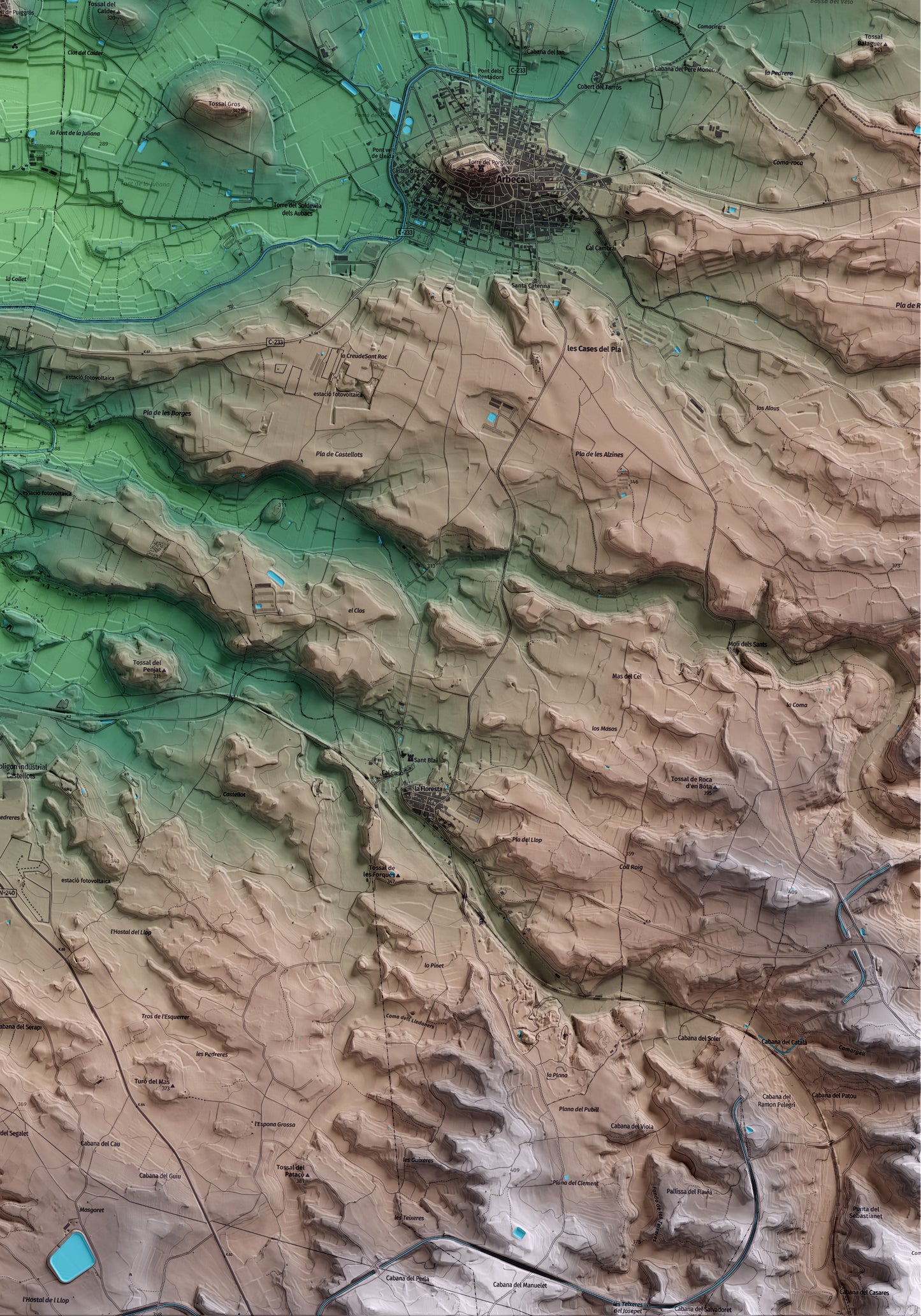Mapa artístico del relieve de Puiggròs, a las Garrigues, con 15 km de entorno y base topográfica ICGC. Detalle de la zona inferior derecha.