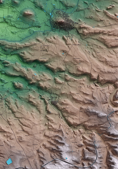 Mapa artístico del relieve de Puiggròs, a las Garrigues, con 15 km de entorno y base topográfica ICGC. Detalle de la zona inferior derecha.