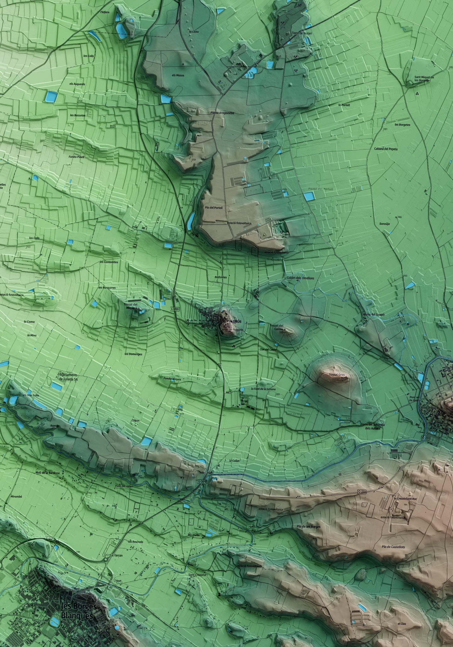Mapa artístico del relieve de Puiggròs, a las Garrigues, con 15 km de entorno y base topográfica ICGC. Detalle de la zona central.