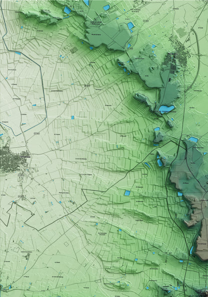 Mapa artístico del relieve de Puiggròs, a las Garrigues, con 15 km de entorno y base topográfica ICGC. Detalle de la zona superior izquierda.