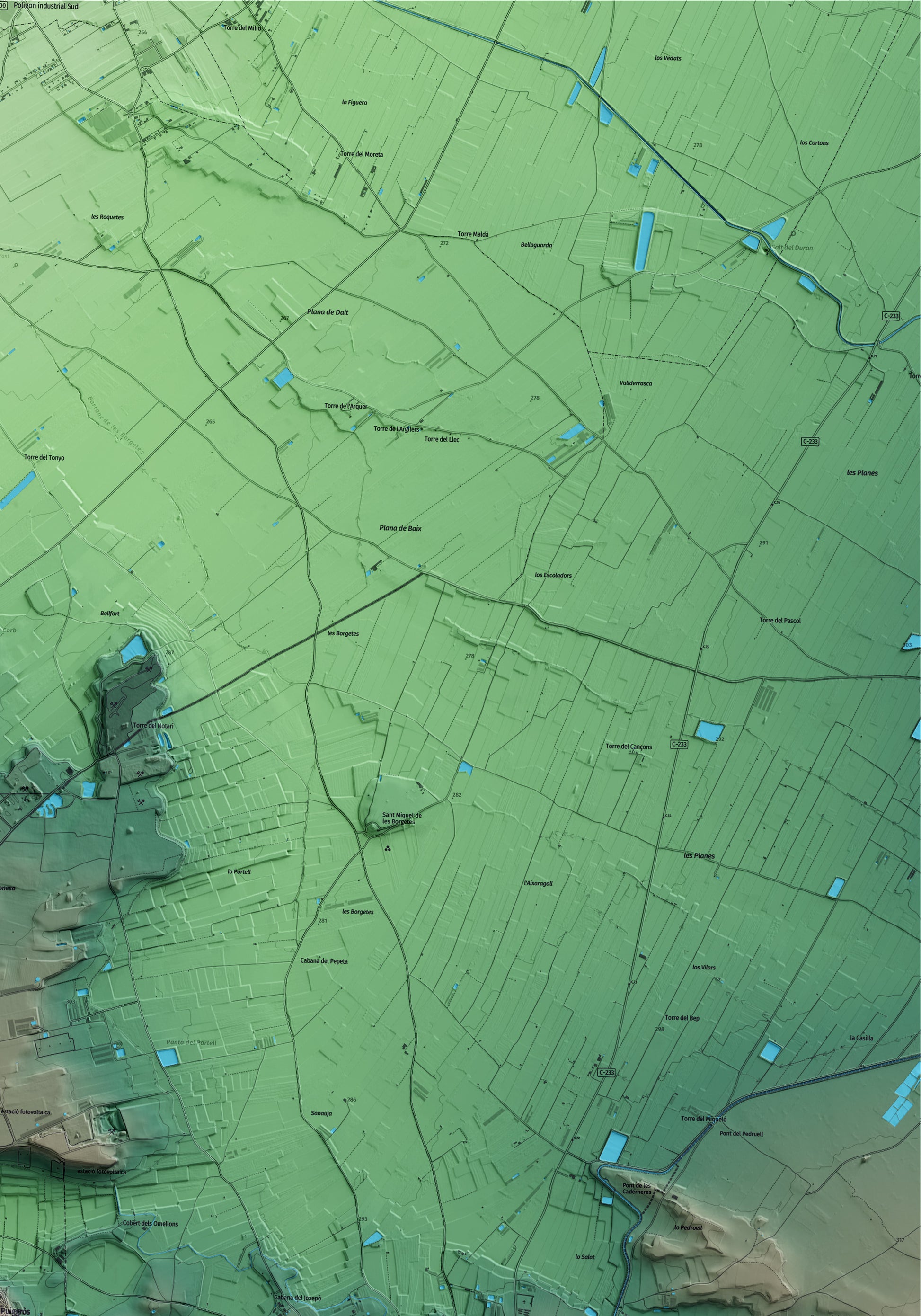 Mapa artístico del relieve de Puiggròs, a las Garrigues, con 15 km de entorno y base topográfica ICGC. Detalle de la zona superior derecha.