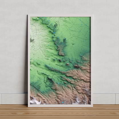 Mapa artístico del relieve de Puiggròs, a las Garrigues, con 15 km de entorno y base topográfica ICGC. Presentación enmarcada.