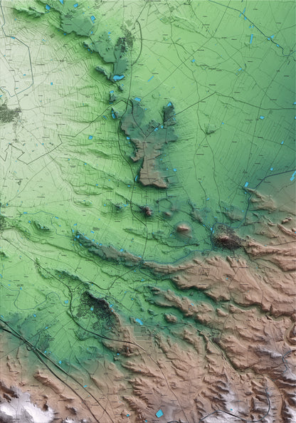 Mapa artístico del relieve de Puiggròs, a las Garrigues, con 15 km de entorno y base topográfica ICGC