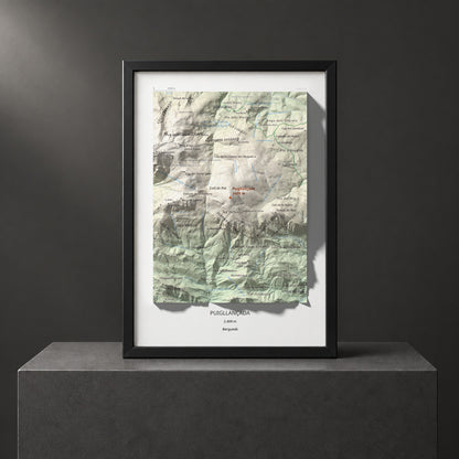 Mapa de relieve de Puigllançada, 2409 m, Berguedà, lámina 100 Cims de Trobart. Presentación enmarcada. 21 × 30 cm.
