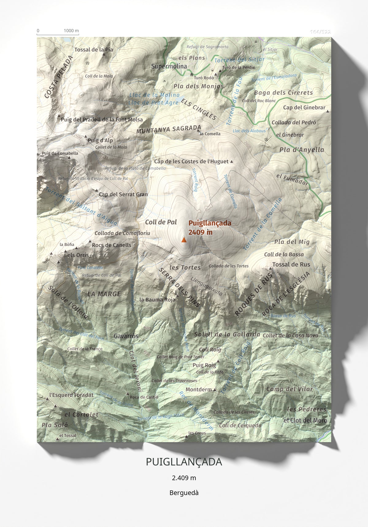 Mapa de relieve de Puigllançada, 2409 m, Berguedà, lámina 100 Cims de Trobart 21 × 30 cm.