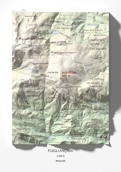 Mapa de relieve de Puigllançada, 2409 m, Berguedà, lámina 100 Cims de Trobart 21 × 30 cm.