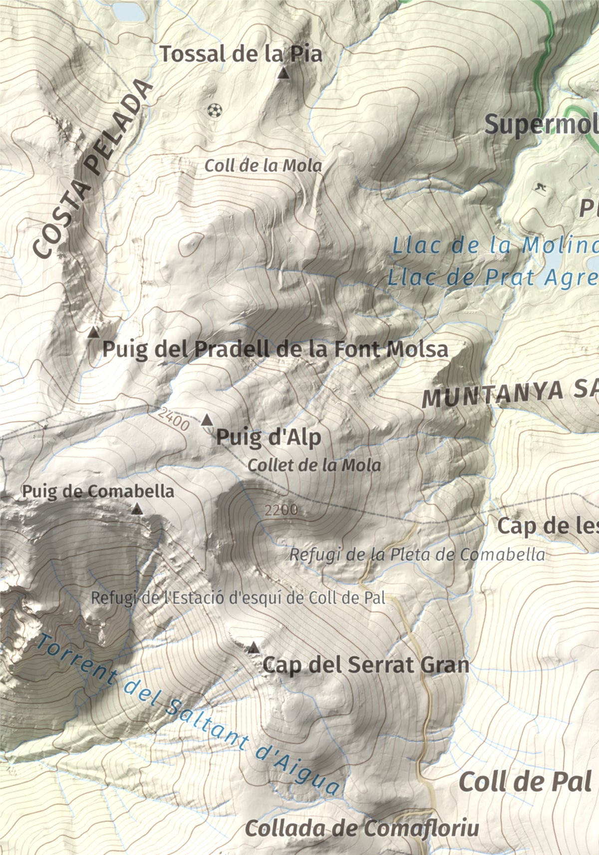 Mapa de relieve de Puigllançada, 2409 m, Berguedà, lámina 100 Cims de Trobart. Detalle de la zona superior izquierda. 21 × 30 cm.