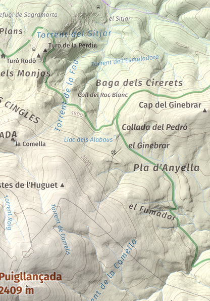 Mapa de relieve de Puigllançada, 2409 m, Berguedà, lámina 100 Cims de Trobart. Detalle de la zona superior derecha. 21 × 30 cm.