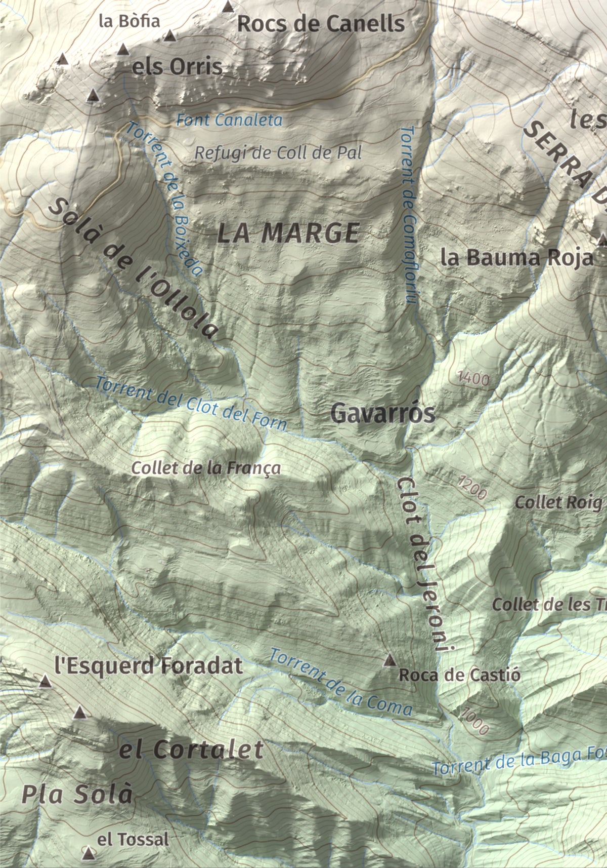 Mapa de relieve de Puigllançada, 2409 m, Berguedà, lámina 100 Cims de Trobart. Detalle de la zona inferior izquierda. 21 × 30 cm.