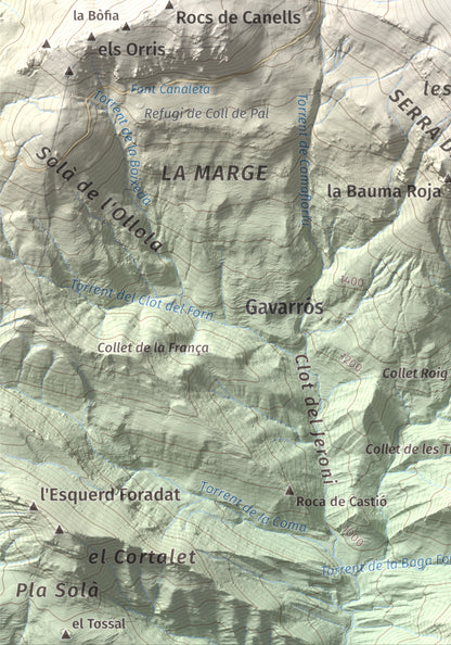 Mapa de relieve de Puigllançada, 2409 m, Berguedà, lámina 100 Cims de Trobart. Detalle de la zona inferior izquierda. 21 × 30 cm.