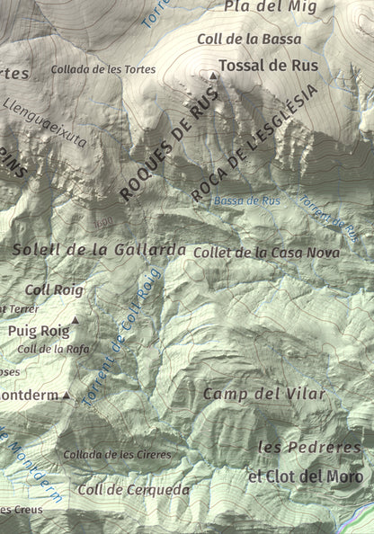 Mapa de relieve de Puigllançada, 2409 m, Berguedà, lámina 100 Cims de Trobart. Detalle de la zona inferior derecha. 21 × 30 cm.