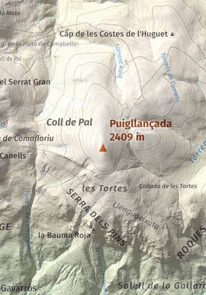 Mapa de relieve de Puigllançada, 2409 m, Berguedà, lámina 100 Cims de Trobart. Detalle de la zona central. 21 × 30 cm.