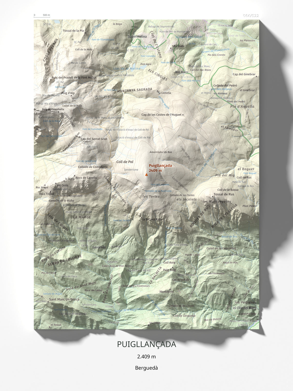 Mapa de relieve de Puigllançada, 2409 m, Berguedà, lámina 100 Cims de Trobart 30 × 40 cm.