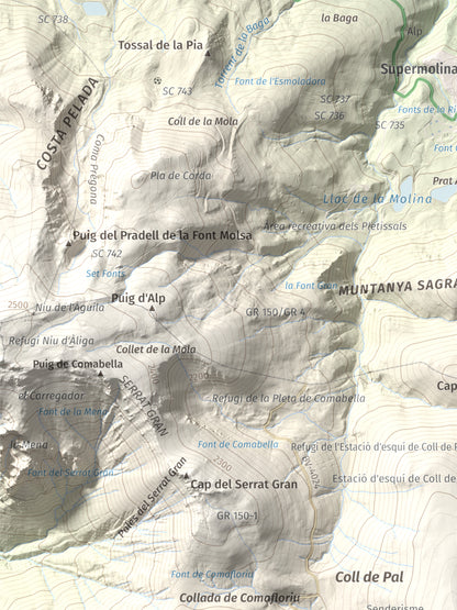 Mapa de relieve de Puigllançada, 2409 m, Berguedà, lámina 100 Cims de Trobart. Detalle de la zona superior izquierda. 30 × 40 cm.