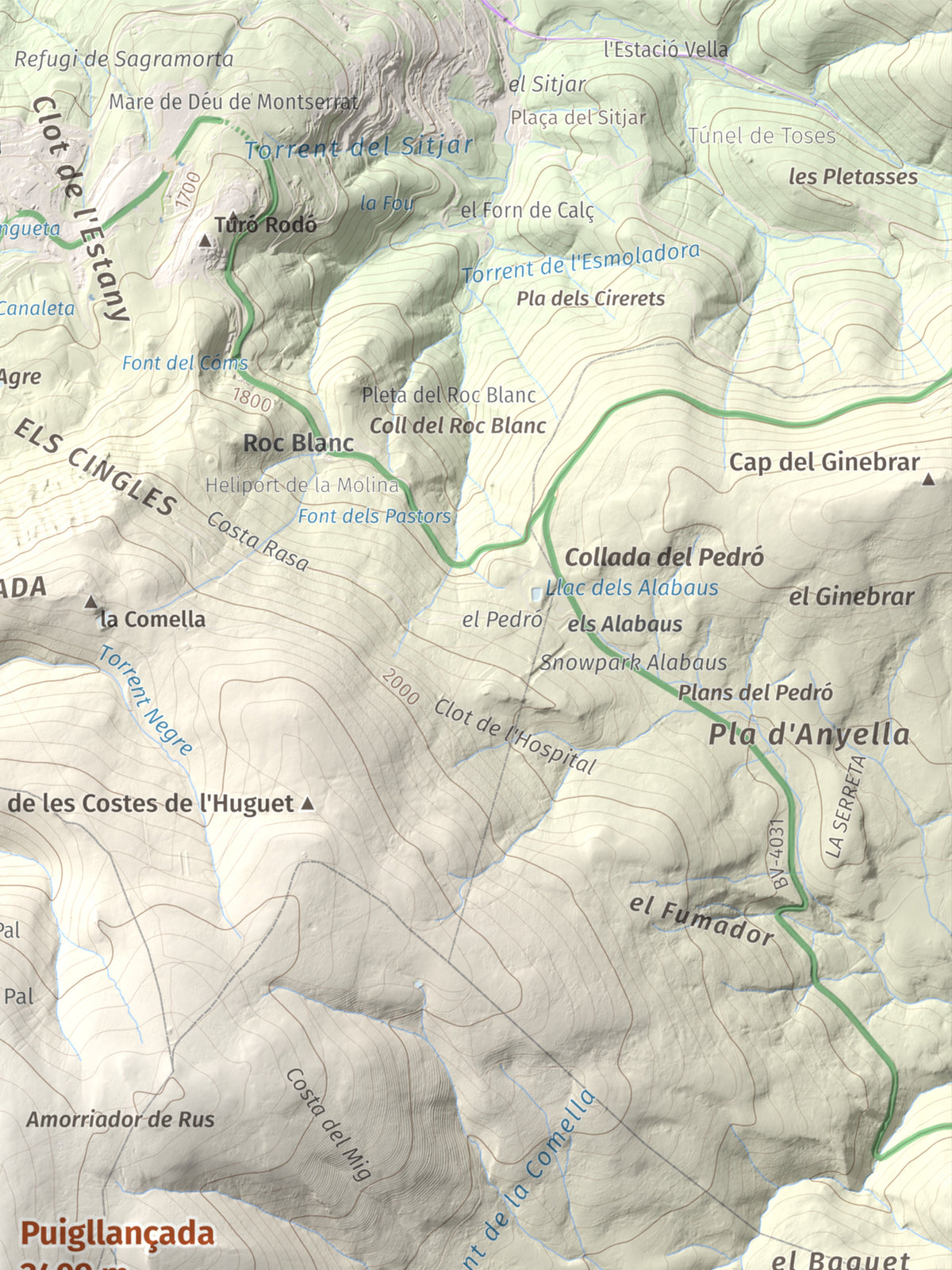 Mapa de relieve de Puigllançada, 2409 m, Berguedà, lámina 100 Cims de Trobart. Detalle de la zona superior derecha. 30 × 40 cm.