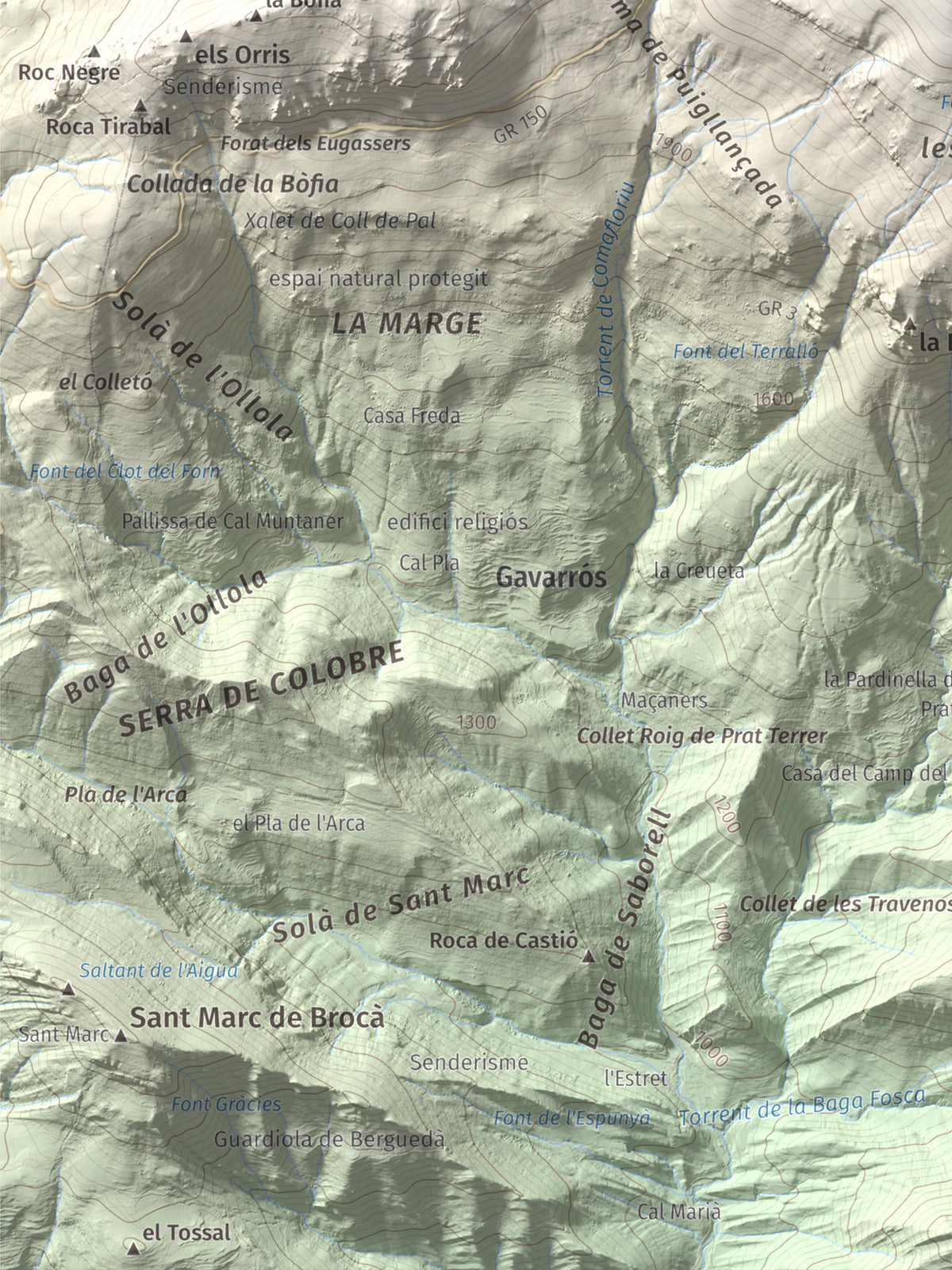 Mapa de relieve de Puigllançada, 2409 m, Berguedà, lámina 100 Cims de Trobart. Detalle de la zona inferior izquierda. 30 × 40 cm.