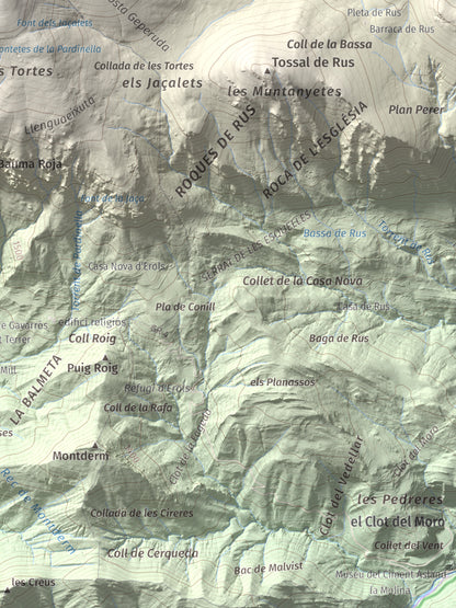 Mapa de relieve de Puigllançada, 2409 m, Berguedà, lámina 100 Cims de Trobart. Detalle de la zona inferior derecha. 30 × 40 cm.