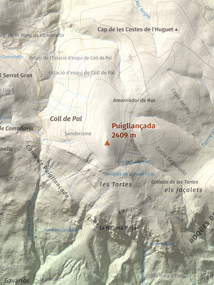 Mapa de relieve de Puigllançada, 2409 m, Berguedà, lámina 100 Cims de Trobart. Detalle de la zona central. 30 × 40 cm.