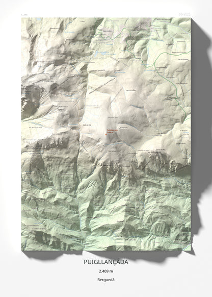 Mapa de relieve de Puigllançada, 2409 m, Berguedà, lámina 100 Cims de Trobart 50 × 70 cm.