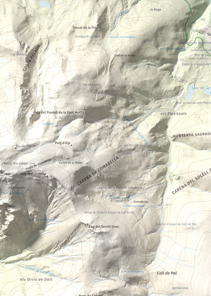 Mapa de relieve de Puigllançada, 2409 m, Berguedà, lámina 100 Cims de Trobart. Detalle de la zona superior izquierda. 50 × 70 cm.