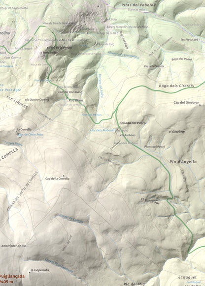 Mapa de relieve de Puigllançada, 2409 m, Berguedà, lámina 100 Cims de Trobart. Detalle de la zona superior derecha. 50 × 70 cm.