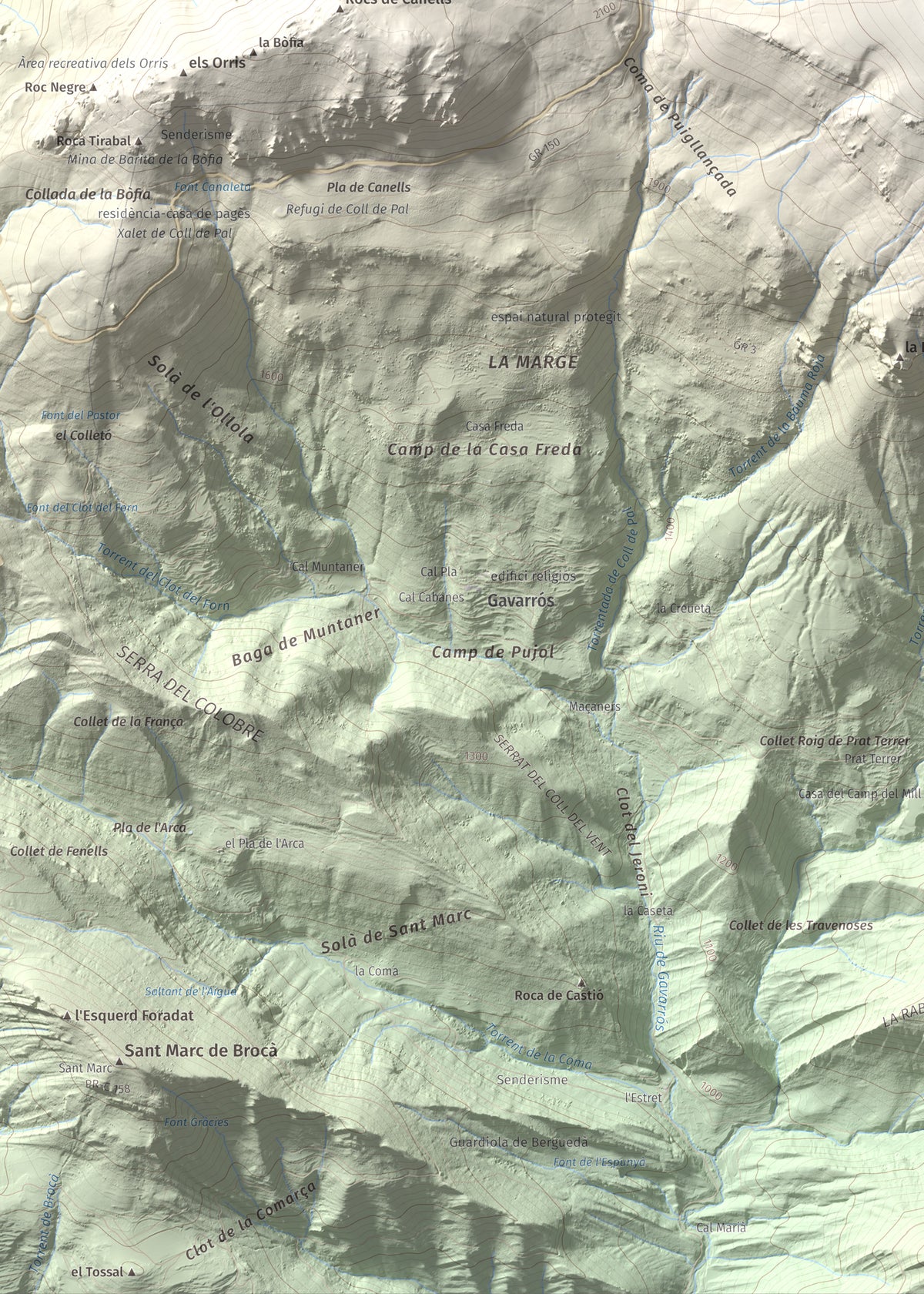 Mapa de relieve de Puigllançada, 2409 m, Berguedà, lámina 100 Cims de Trobart. Detalle de la zona inferior izquierda. 50 × 70 cm.