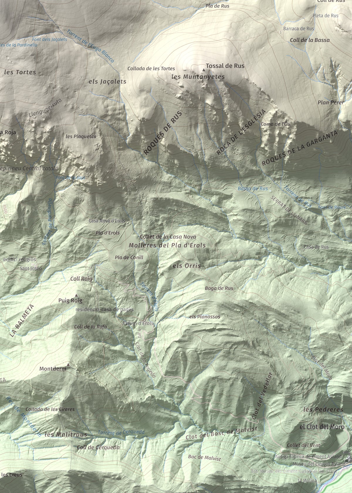 Mapa de relieve de Puigllançada, 2409 m, Berguedà, lámina 100 Cims de Trobart. Detalle de la zona inferior derecha. 50 × 70 cm.