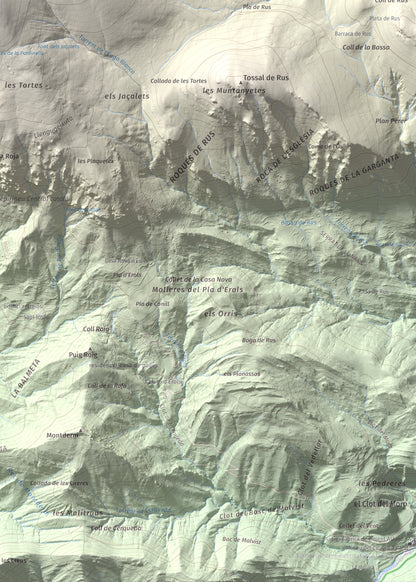 Mapa de relieve de Puigllançada, 2409 m, Berguedà, lámina 100 Cims de Trobart. Detalle de la zona inferior derecha. 50 × 70 cm.