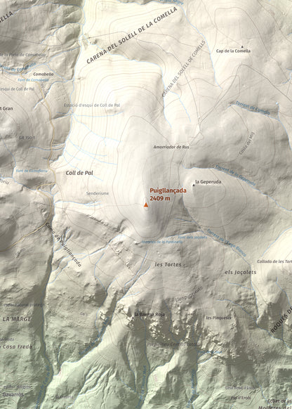 Mapa de relieve de Puigllançada, 2409 m, Berguedà, lámina 100 Cims de Trobart. Detalle de la zona central. 50 × 70 cm.
