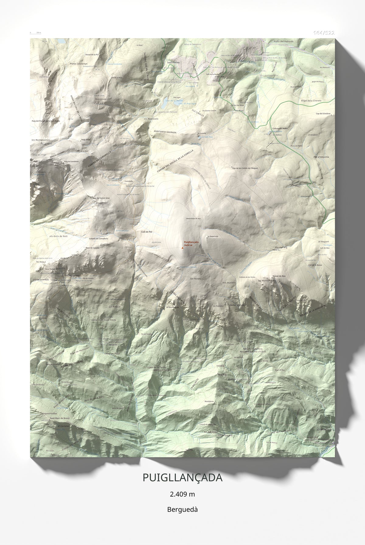 Mapa de relieve de Puigllançada, 2409 m, Berguedà, lámina 100 Cims de Trobart 61 × 91 cm.