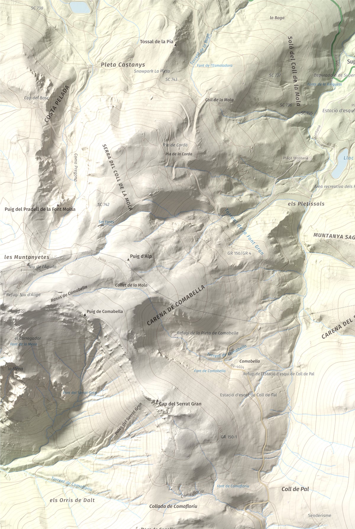 Mapa de relieve de Puigllançada, 2409 m, Berguedà, lámina 100 Cims de Trobart. Detalle de la zona superior izquierda. 61 × 91 cm.
