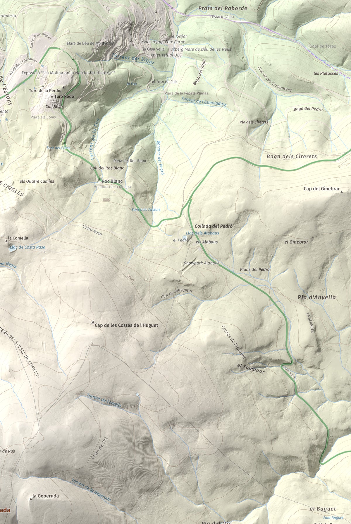 Mapa de relieve de Puigllançada, 2409 m, Berguedà, lámina 100 Cims de Trobart. Detalle de la zona superior derecha. 61 × 91 cm.