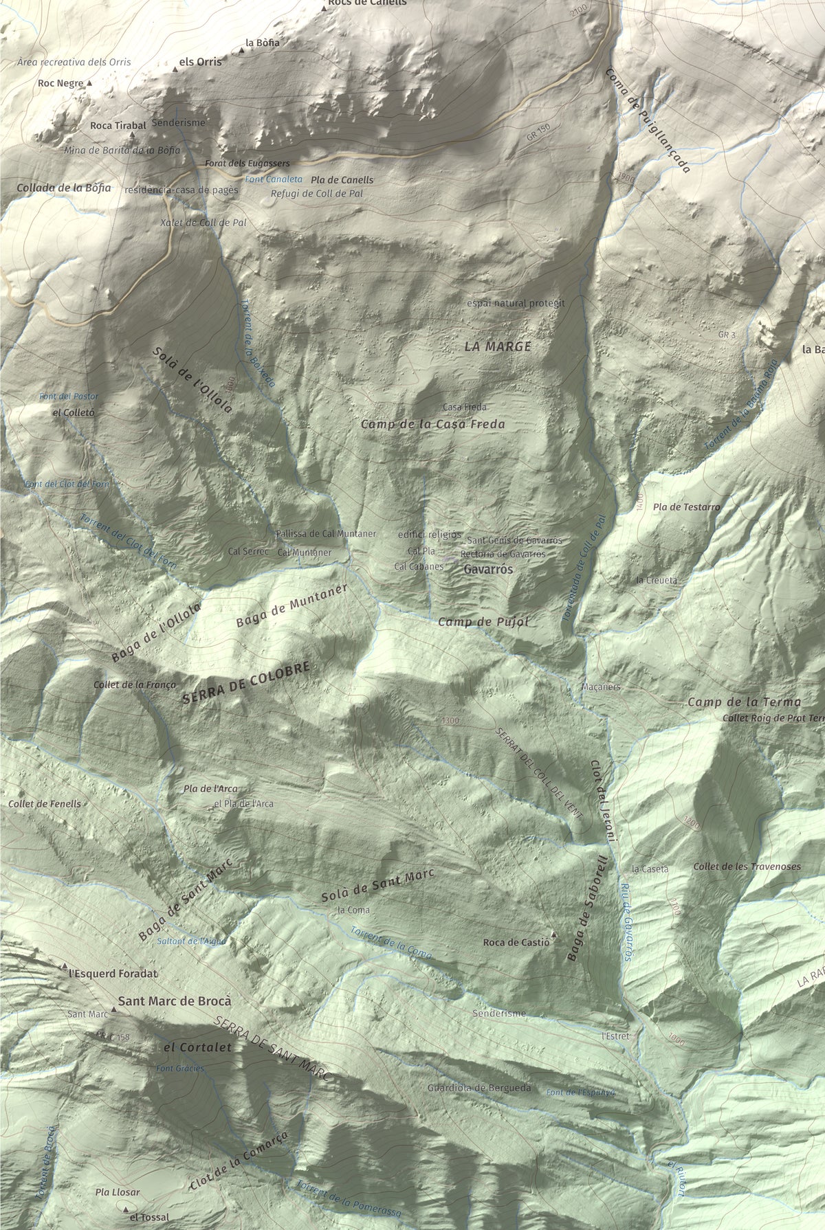Mapa de relieve de Puigllançada, 2409 m, Berguedà, lámina 100 Cims de Trobart. Detalle de la zona inferior izquierda. 61 × 91 cm.